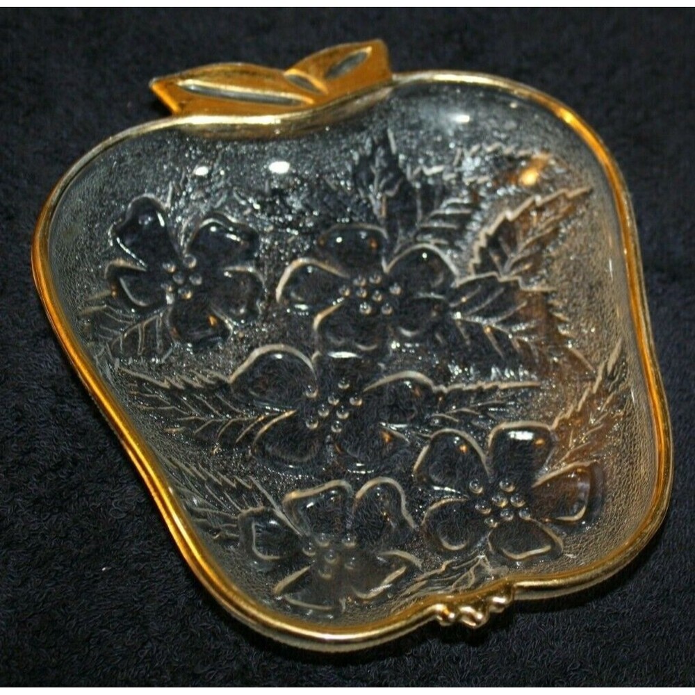 VINTAGE CLEAR CUT GLASS APPLE CANDY DISH WITH GOLD TRIM & FLOWER CUTOUTS